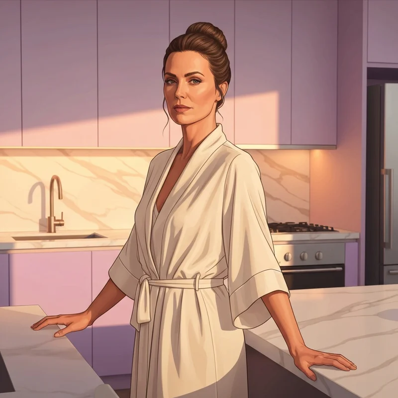 A sophisticated woman in a luxury silk robe standing in a sun-drenched modern kitchen, embodying the sexy stepmom aesthetic.