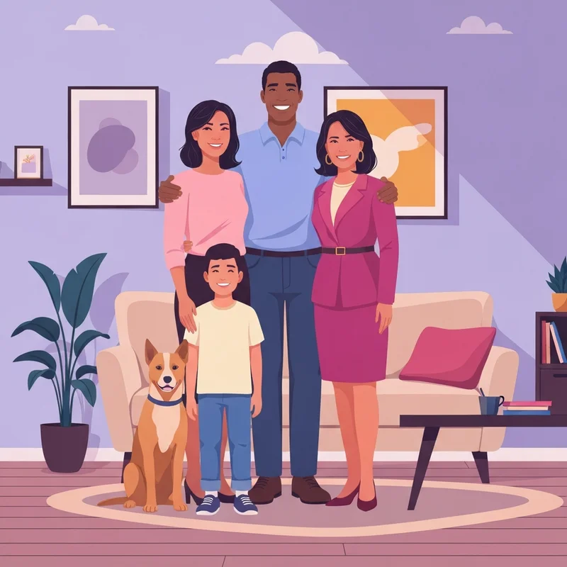 A modern family cartoon illustration showing a diverse family in a flat design style, representing a wholesome domestic scene.