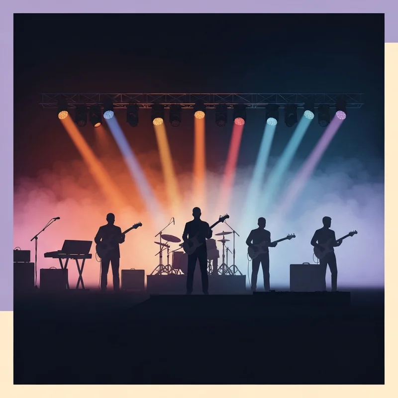 A cinematic shot of a silhouetted metal band performing on a stage with dramatic lighting and smoke, emphasizing the energy of heavy metal bands.