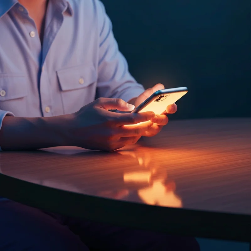 A person sitting in a dimly lit room looking at a glowing smartphone screen, representing the tension and safety concerns surrounding blackmail porn videos.