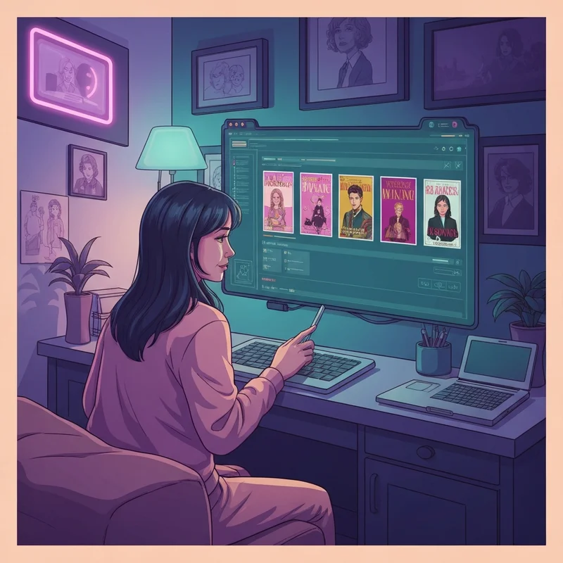 A digital illustration of a young reader looking at a glowing holographic library screen with the keyword battwo floating in the interface.