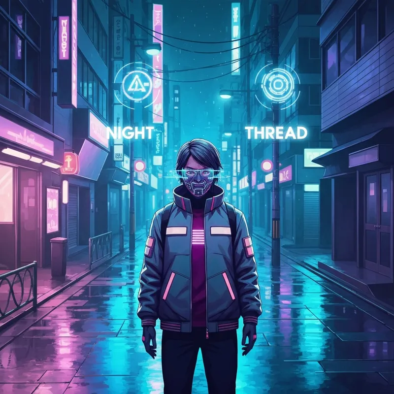 A cinematic neon-drenched street scene in Tokyo with a mysterious shadowy figure representing the ito o yuro aesthetic.