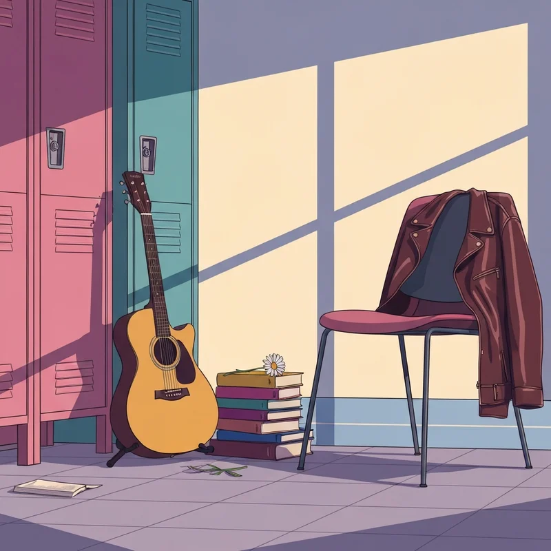 A nostalgic 90s aesthetic collage featuring quotes from the movie 10 things i hate about you, with a leather jacket and a pink prom dress.