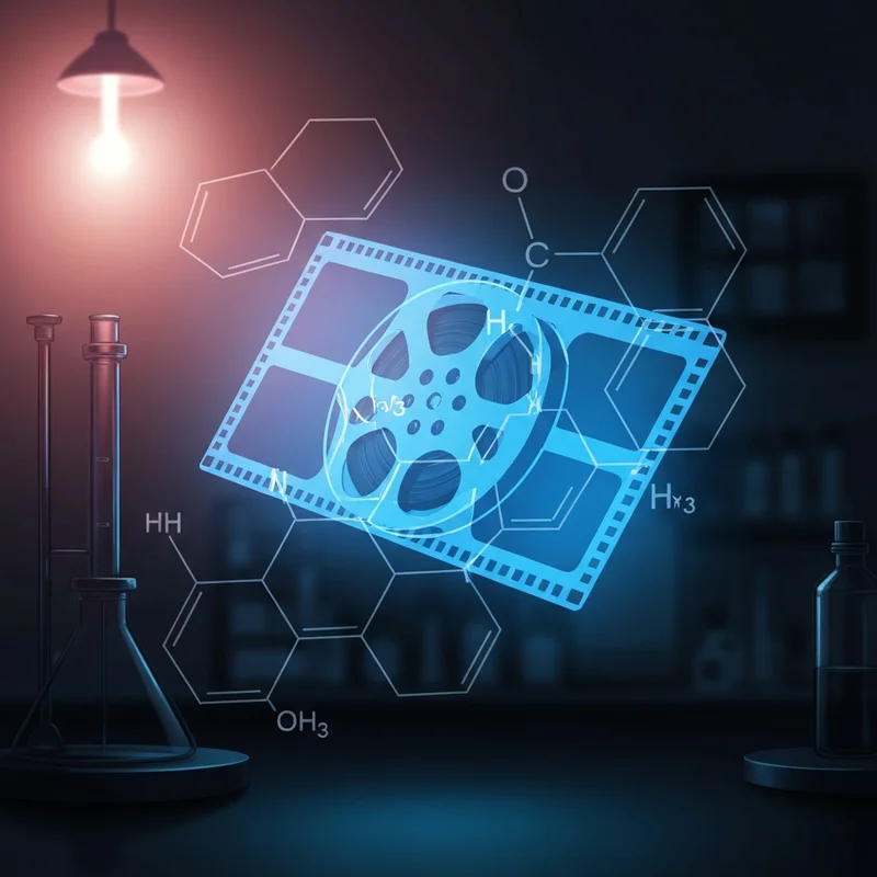 A cinematic close-up of a glowing digital film strip intertwined with molecular structures of films drugs.