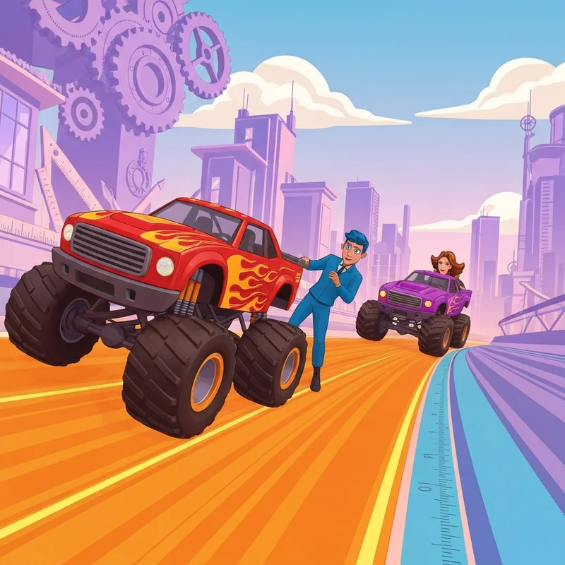 The blaze monster machine cast of colorful monster trucks racing through a high-tech city with scientific symbols in the background.
