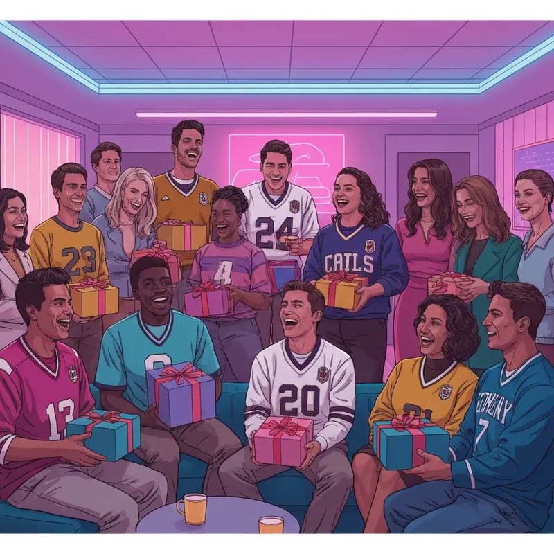 A group of collegiate students wearing mystery sports jerseys at a high-energy Fraternity X event