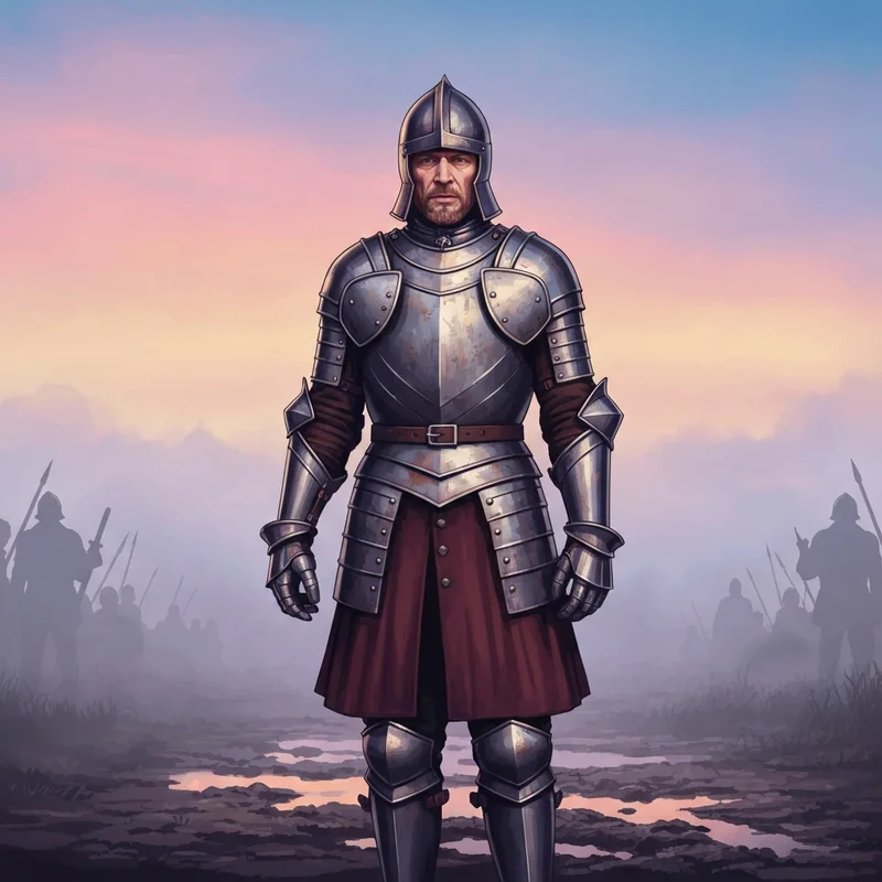 Cinematic shot of a medieval knight in realistic 14th-century armor standing in a muddy field, good middle ages movies style.