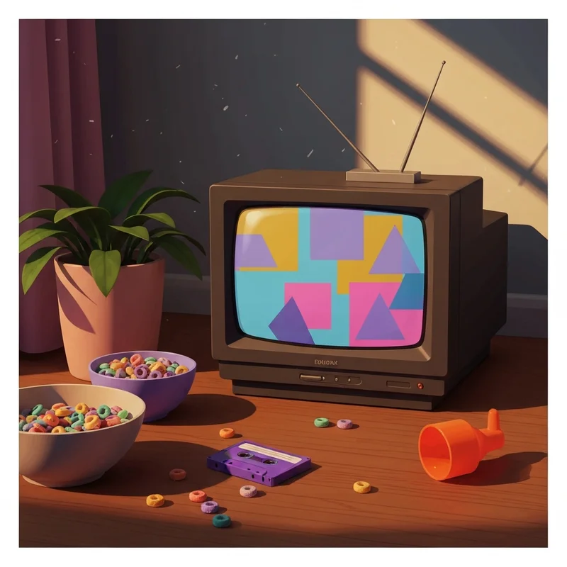 A nostalgic 1990s living room with a chunky glass television, vibrant toys, and a cozy atmosphere representing children's shows from the 1990's.