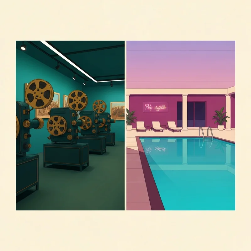 A sophisticated neon-lit conceptual art piece representing the diverse landscape of sex world including film reels and luxury travel elements.