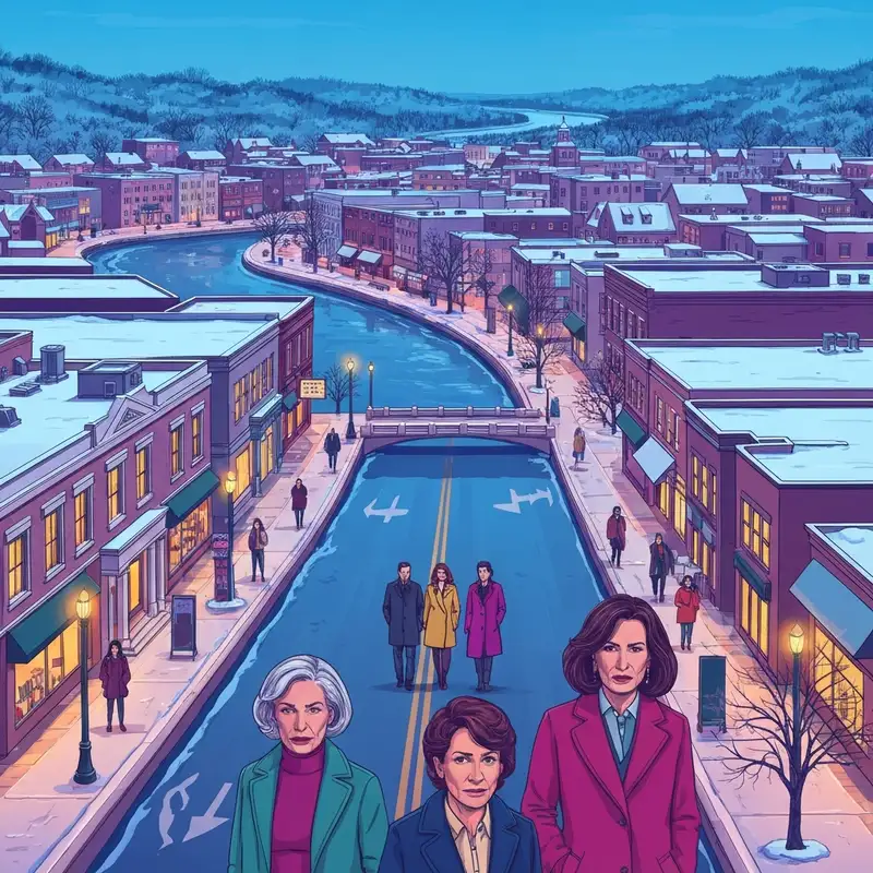 A cinematic aerial view of the Huron River winding through a snow-dusted Annie Arbor in 2026, featuring vibrant university architecture and warm city lights.