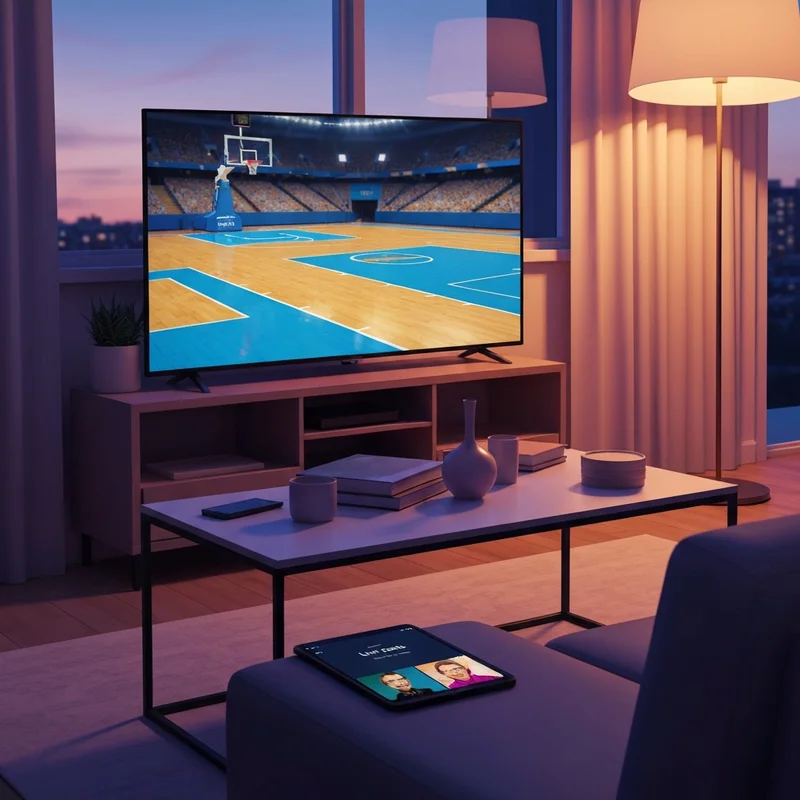 A cinematic view of a modern living room setup showing where to watch Golden State Warriors vs Timberwolves on a high-definition screen.