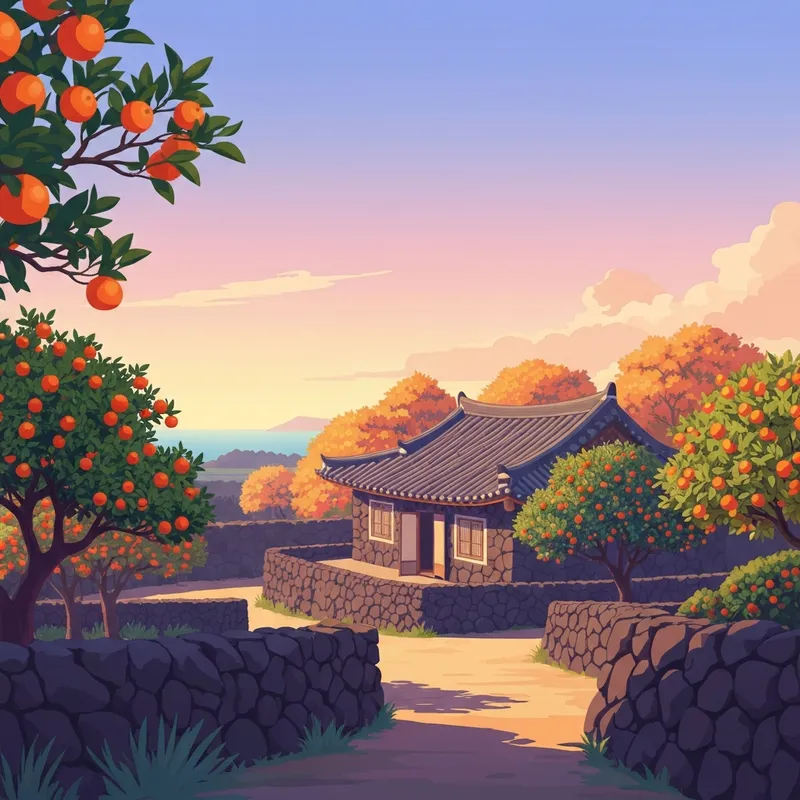 Escena inspirada en Si la vida te da mandarinas mostrando un campo de cítricos en la isla de Jeju bajo una luz dorada cinematográfica.