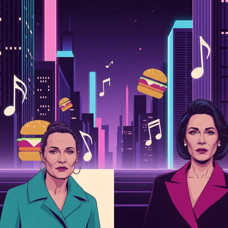A stylized digital illustration representing the cultural concept of p sluts, showing a mix of music notes, neon city lights, and a burger icon to represent brand disambiguation.