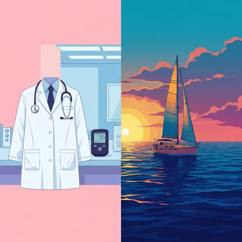 A split-screen comparison illustrating the dual identities of Jason Sloane: a medical professional environment and a viral sailboat scene.