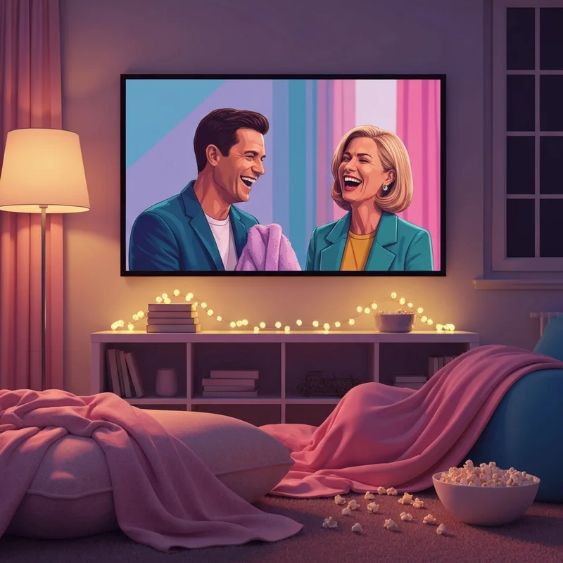A cozy room with fairy lights, a laptop open showing a romantic comedy scene, and snacks, representing the best chick films vibe.
