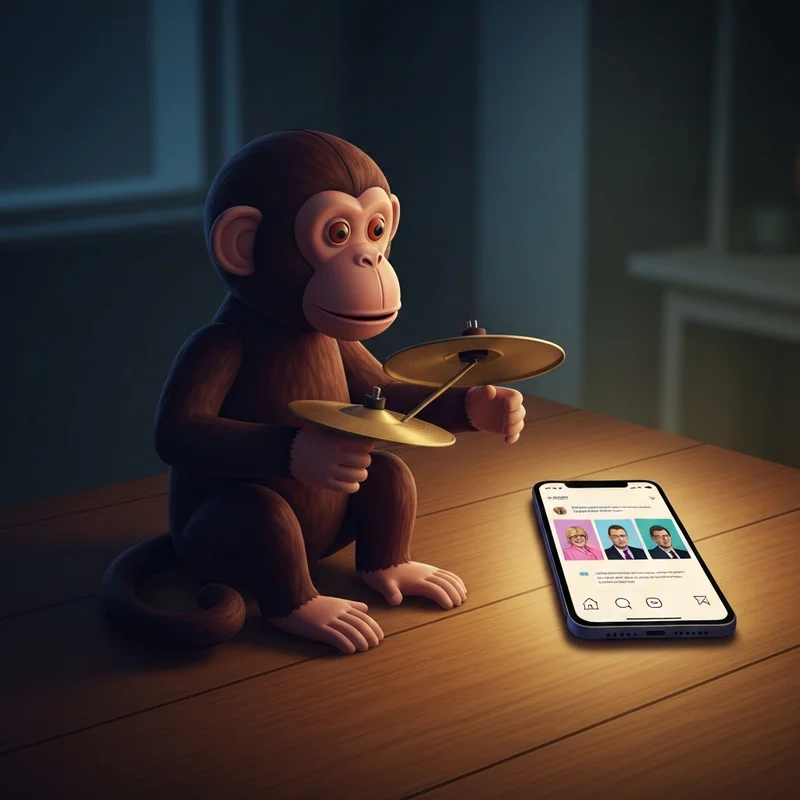 The Monkey Parents Guide: A split visual showing a creepy vintage monkey toy on one side and a glowing smartphone screen with chat icons on the other, cinematic lighting.