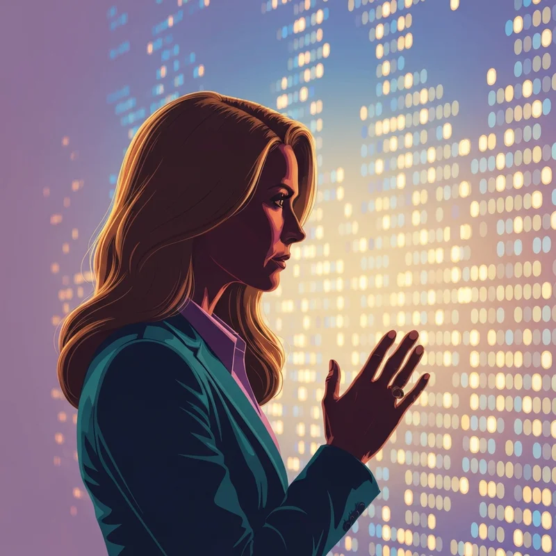 A cinematic, symbolic representation of digital privacy and resilience featuring a blonde woman in a professional, empowered silhouette against a soft-focus digital background.