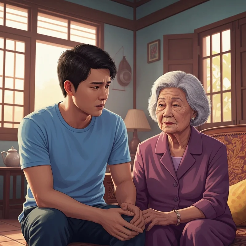 Emotional scene from the movie leaving mom / mang me di bo featuring a son and aging mother in a tender embrace.