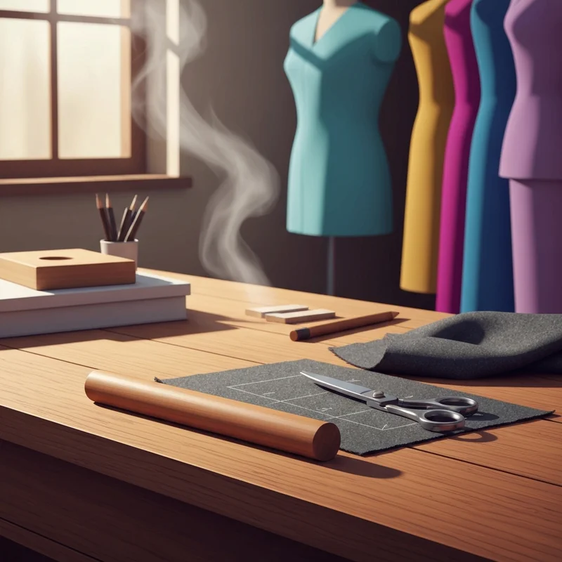 A close-up of a professional tailoring workshop featuring a mazo de sastre and fabric shears, representing the de sastre keyword.