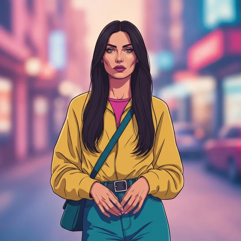 A stylish digital content creator and fashion model representing the persona of kama oxi in a modern urban setting.