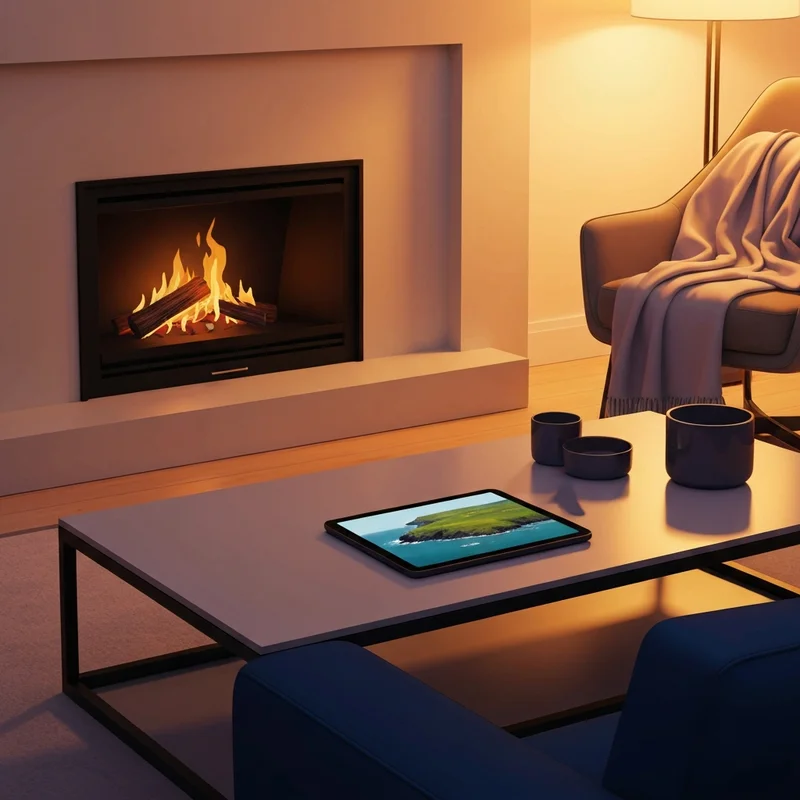 A cozy holiday scene reflecting the themes of The Christmas Break movie with a warm interior and an Irish landscape on a screen.