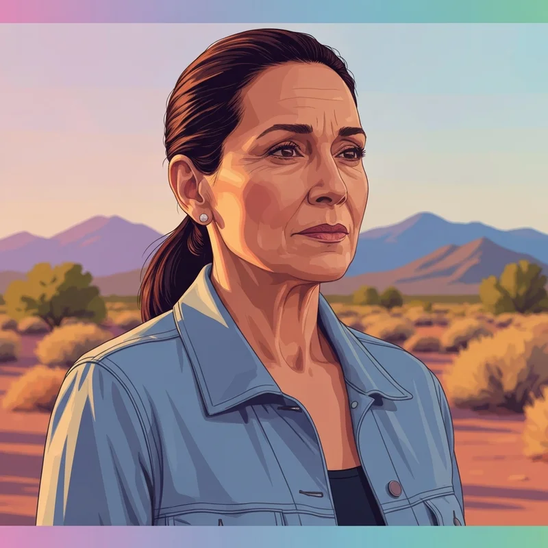 A cinematic portrayal of Judy Robles, showing a woman with dark hair and a resilient expression, standing in an Arizona desert landscape at sunset, symbolizing maternal strength.