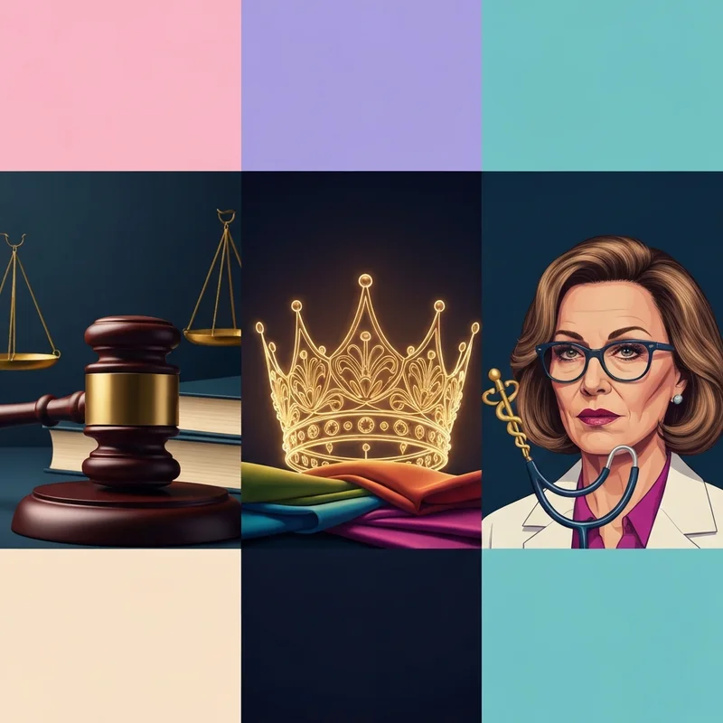 A professional disambiguation guide for Matthew Barry showing a legal gavel, a creative crown, and medical symbols.