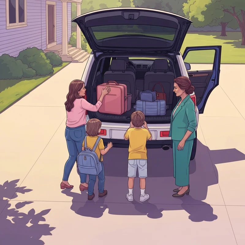 Logistical organization for a family of 5 including a large vehicle and organized travel gear.