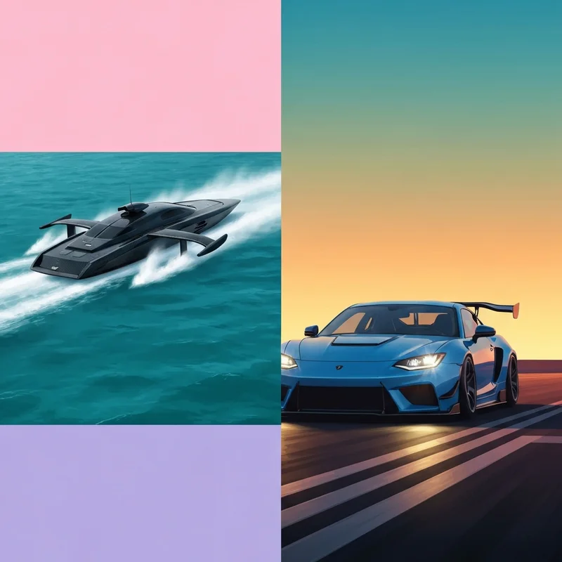 A high-performance split-screen visual showing a sleek carbon fiber racing yacht on the ocean and a tuned street racing car on an asphalt track for Born to Race.