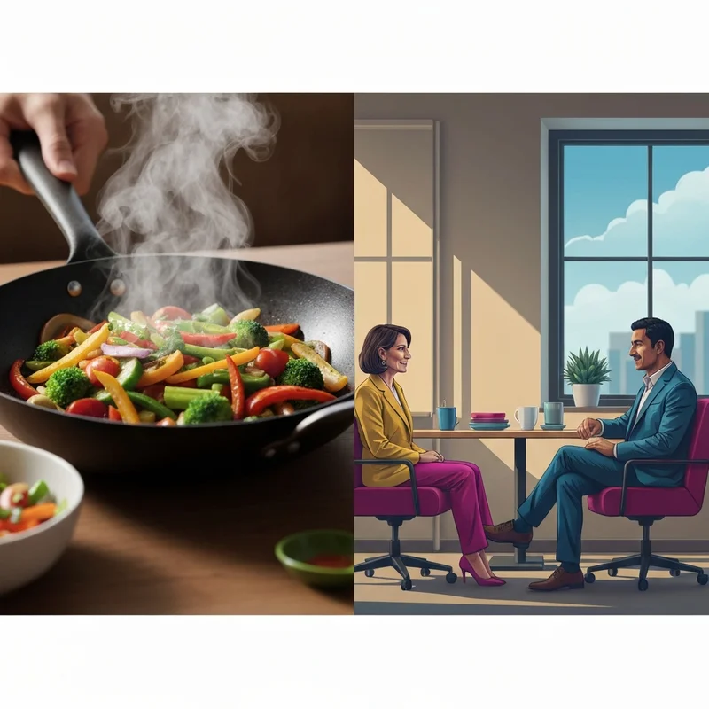 A visual representation of Asian one on one including a focus on a one-pan culinary dish and two people engaged in a professional mentorship discussion.