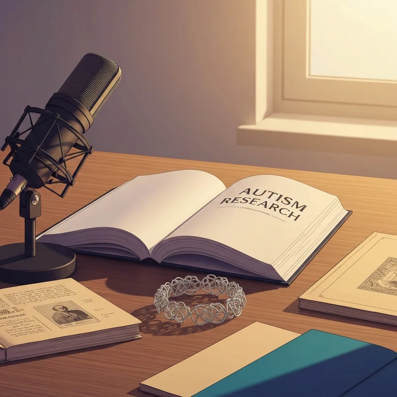 A professional desk featuring various research papers, a broadcasting microphone, a scientific journal on autism, and a piece of wire-work jewelry, representing the multiple identities of judith brown.