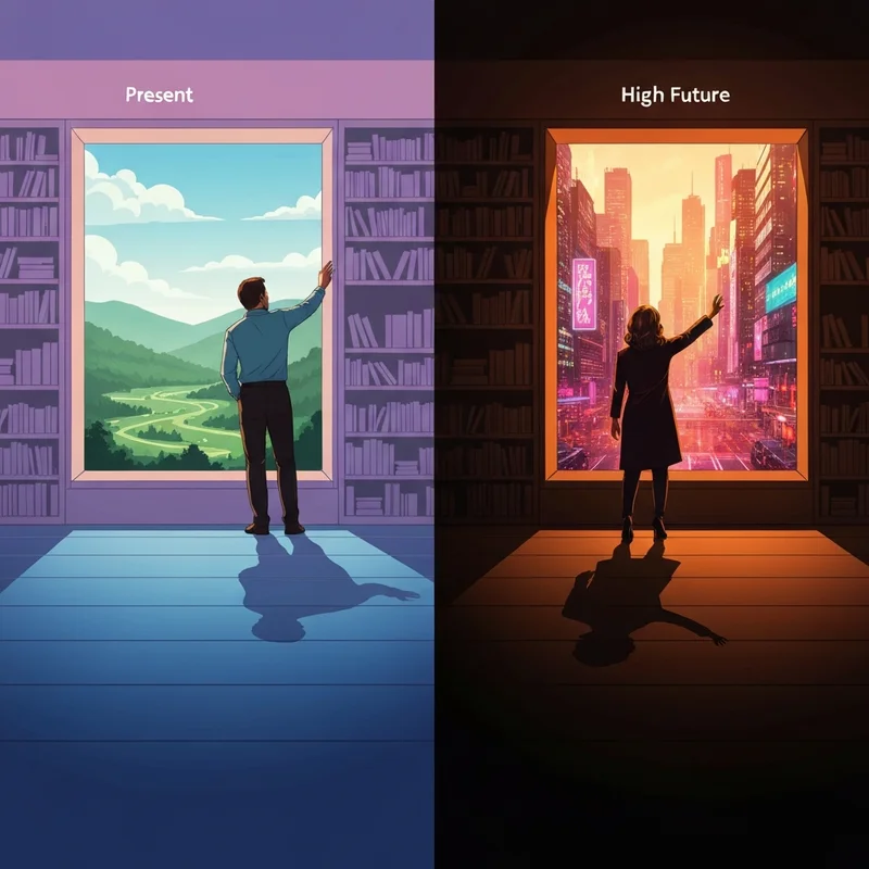 A cinematic representation of flashing forward showing a person standing between two glowing temporal portals representing the present and the future.