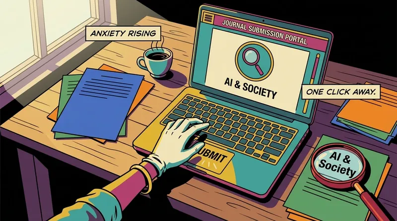 A researcher's desk illustrating the careful process of an ai & society journal review before submitting a paper. Filename: ai-and-society-journal-review-bestie-ai.webp