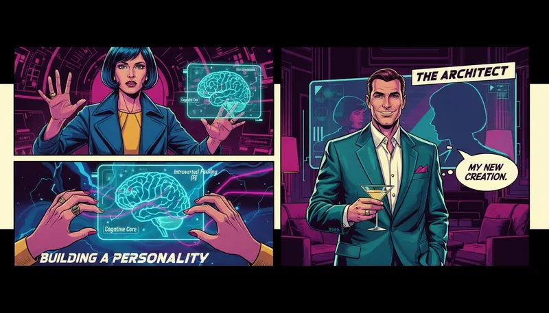 A detailed blueprint of a mind being edited, illustrating the process in this ai character personality guide for building consistent digital personas. Filename: ai-character-personality-guide-mbti-bestie-ai.webp
