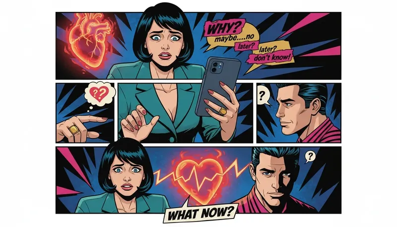 A person looking at a confusing text conversation on their phone, representing how an ai that analyzes text conversations for dating can help decode messages, with a glowing heart in the background symbolizing human intuition. Filename: ai-that-analyzes-text-conversations-for-dating-bestie-ai.webp
