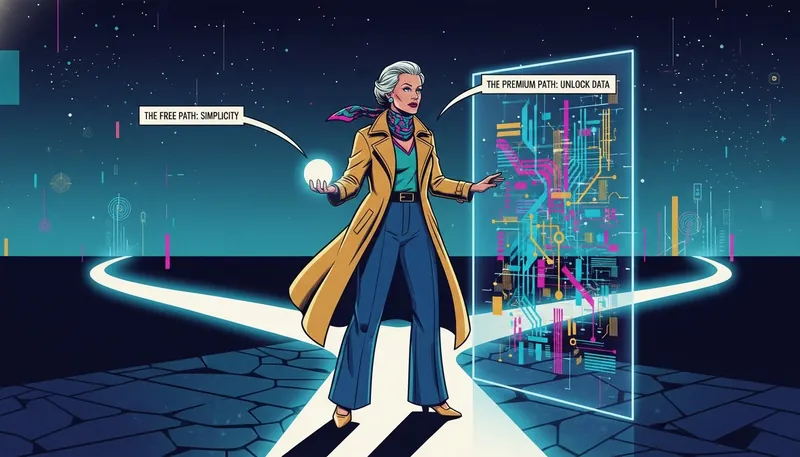 A person considering their options with an ai therapy free path versus a paid, feature-rich alternative, symbolizing the choice of upgrading a mental health app. Filename: ai-therapy-free-vs-paid-bestie-ai.webp