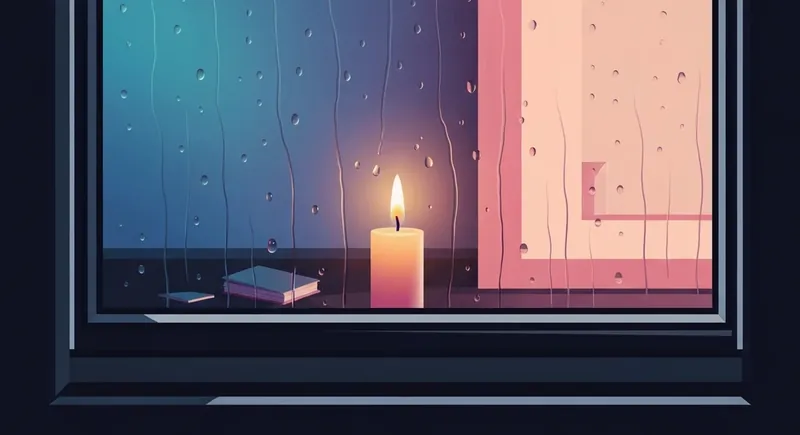 A glowing candle reflecting in a rainy window, symbolizing the balance of emotional intensity in relationships and the need for internal warmth-bestie-ai.webp