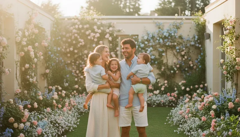 A sunlit, joyful image capturing the private family life of Anna Kournikova, showing her and Enrique Iglesias laughing with their children in a garden. File name: anna-kournikova-family-life-bestie-ai.webp