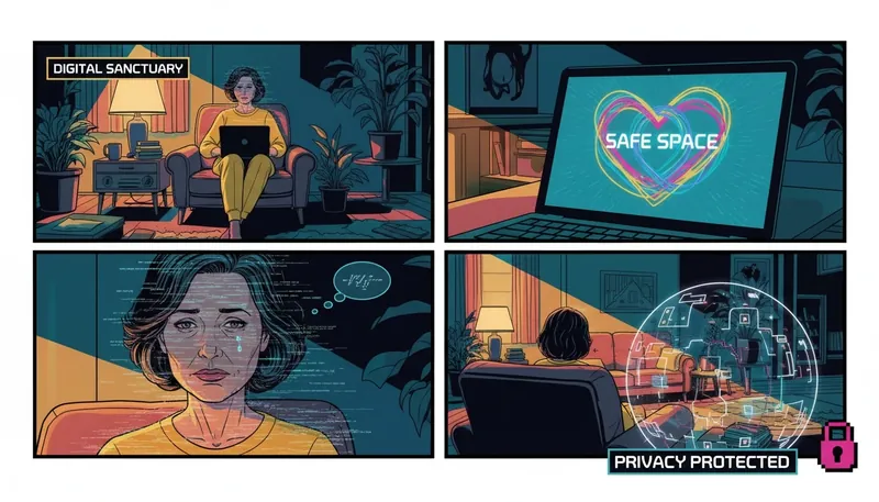 A symbolic image representing the safety of an anonymous online therapy chat, showing a glowing figure finding confidential support on a laptop. Filename: anonymous-online-therapy-chat-bestie-ai.webp