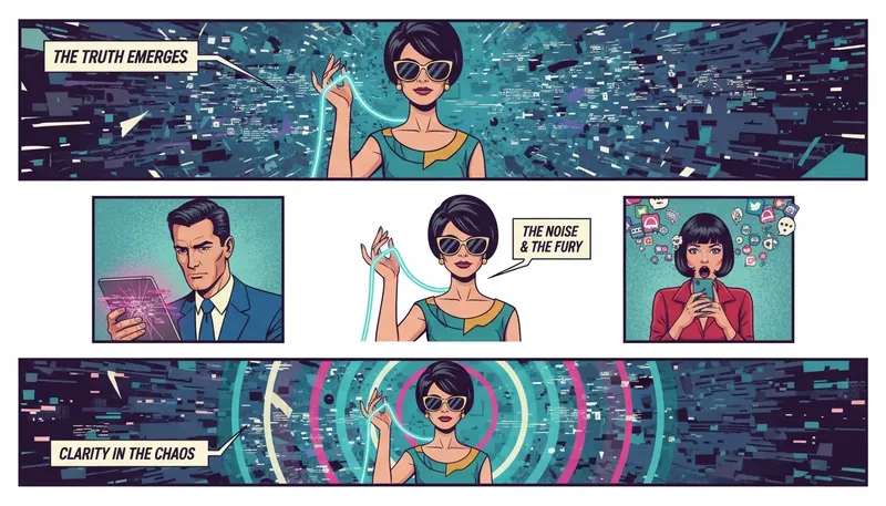 An artistic representation of debunking the Anthony Geary husband rumor, showing a single glowing line of truth cutting through a chaotic background of digital misinformation. File: anthony-geary-husband-hoax-bestie-ai.webp