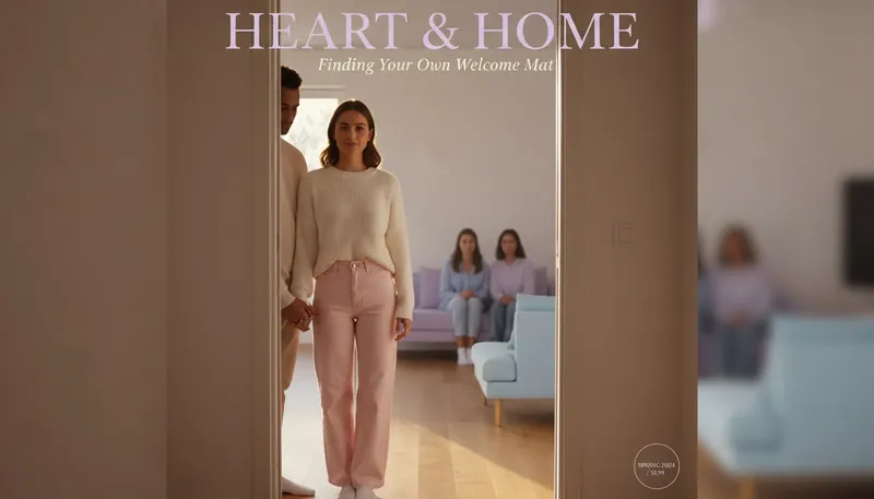 A woman feeling anxiety about introducing her boyfriend to her family stands at a symbolic threshold, representing the challenge and her resolve. Filename: anxiety-about-introducing-boyfriend-to-family-bestie-ai.webp