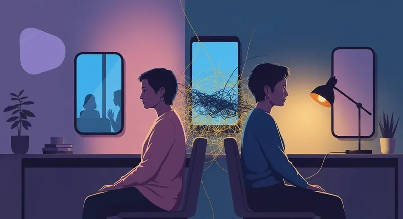 An evocative visualization of the psychological tension in an anxious avoidant attachment and BPD dynamic, showing frayed connections and emotional duality. anxious-avoidant-attachment-and-bpd-bestie-ai.webp