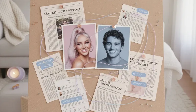 A detective's board illustrating the complex relationship timeline of Ariana Grande's boyfriend, Ethan Slater, with red yarn connecting photos, headlines, and legal documents. File: ariana-grande-boyfriend-ethan-slater-timeline-bestie-ai.webp
