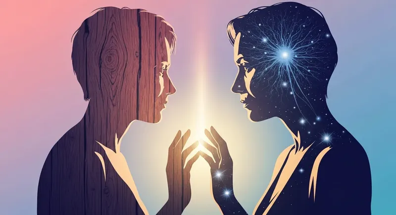 A symbolic image representing attraction beyond physical appearance, where two figures made of soul-like textures connect on a deep emotional level. bestie-ai-attraction-beyond-physical-appearance.webp