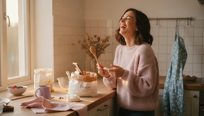 A woman joyfully implementing an authentic social media engagement strategy by filming a fun, unscripted video in her sunny, lived-in kitchen, inspired by Jennifer Garner. Filename: authentic-social-media-engagement-strategy-bestie-ai.webp