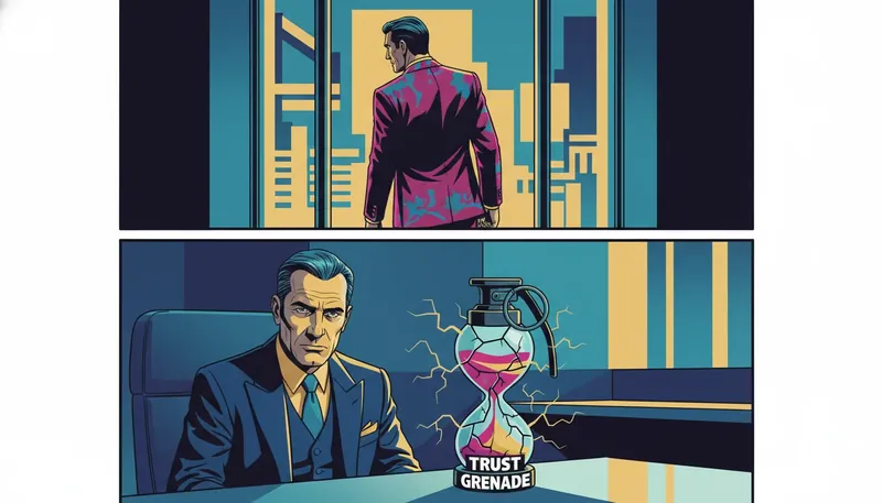 A cinematic scene of two professionals in a tense late-night meeting, illustrating the struggle of balancing professional ethics and personal relationships. balancing-professional-ethics-and-personal-relationships-bestie-ai.webp