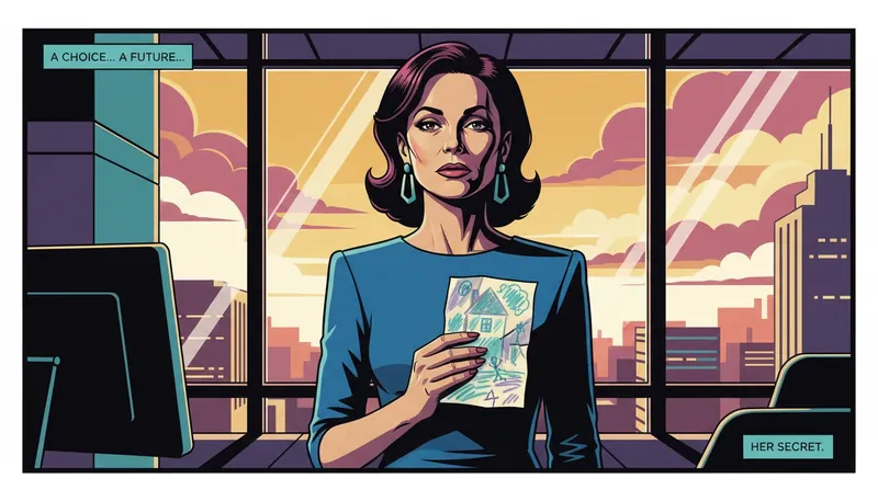 A woman in a high-rise office reflecting on balancing professional success and family life while holding a child's drawing. balancing-professional-success-and-family-life-bestie-ai.webp