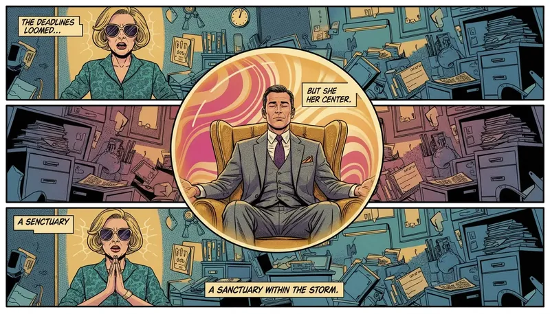 A visual metaphor for finding calm with the best 5-minute stress relief exercises, showing a person protected by a bubble of peace in a chaotic office. Filename: best-5-minute-stress-relief-exercises-bestie-ai.webp