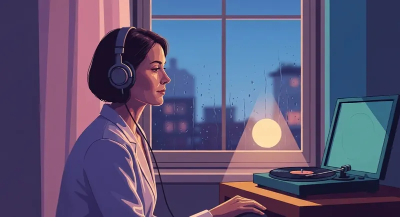 A woman finds solace by listening to one of the best albums for heartbreak and healing on a vintage turntable. Filename: best-albums-for-heartbreak-and-healing-bestie-ai.webp