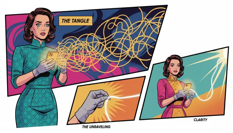 A person finding clarity by using one of the best free cbt apps on their phone to untangle their anxious thought patterns, represented by glowing threads. filename: 'best-free-cbt-apps-bestie-ai.webp'